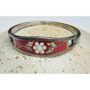 MEXICO ALPACA INLAID ABALONE STONE BANGLE BRACELET NATIVE Vintage SOUTHWESTERN